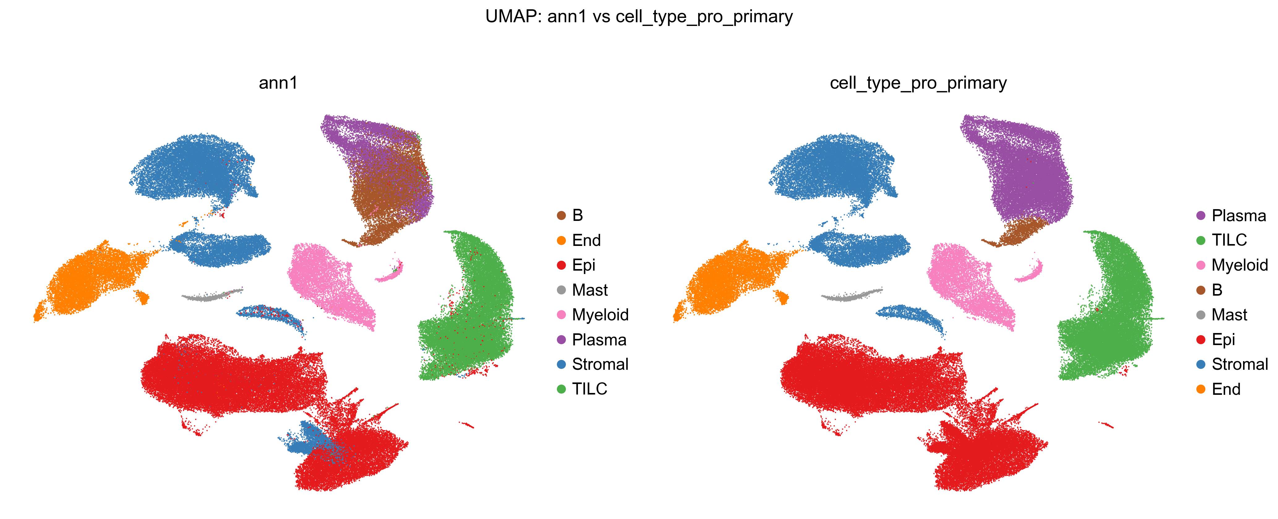 同一 UMAP 上 ann1 与 cell_type_pro_primary 的注释对比